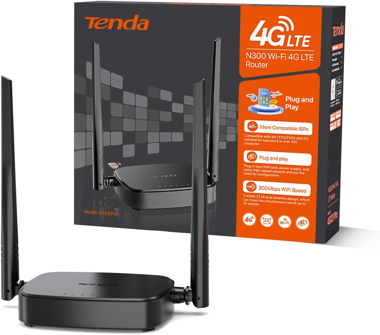 Tenda 4G03 Pro 4G LTE Router, WLAN Router für Nano-SIM-Karten (N300 CAT4, 150 Mbit/s im Download, 300 Mbit/s 2,4GHz) 2*4dBi Antennen, Plug & Play, Fast-Ethernet-Port, App, Router Modus, LED, Schwarz 4G03 Pro|Wi-Fi N300 CAT4