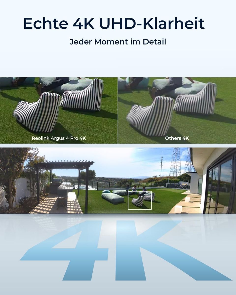 Reolink Argus 4 Pro-B 4K Solar-Außenkamera, Akku, ColorX Nachtsicht, 180° Weitwinkel, 2.4/5GHz Wi‑Fi 6, KI-Erkennung, Zwei-Wege-Audio + 6W Solarpanel