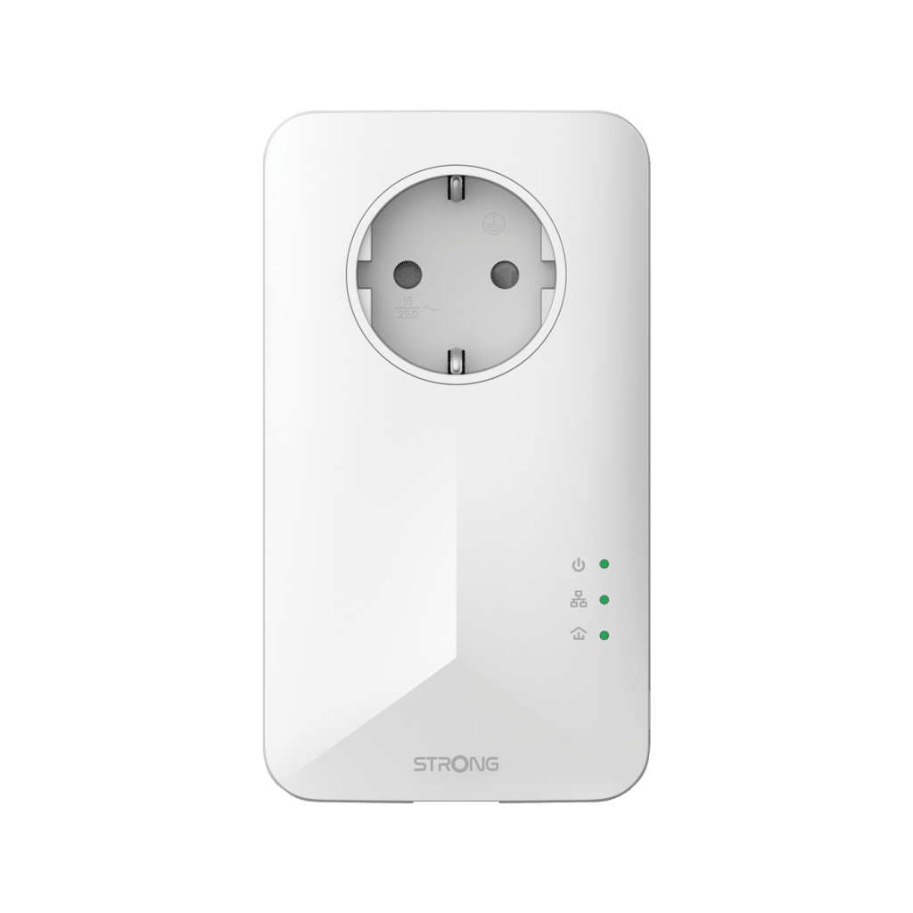 STRONG POWERL1000WFDUOEUV2 Powerline Adapter 1000 Mbit/s (HomePlug AV2) mit WLAN Wi‑Fi 5, Gigabit Ethernet, Eingebaute Steckdose, 2er-Pack, Weiß