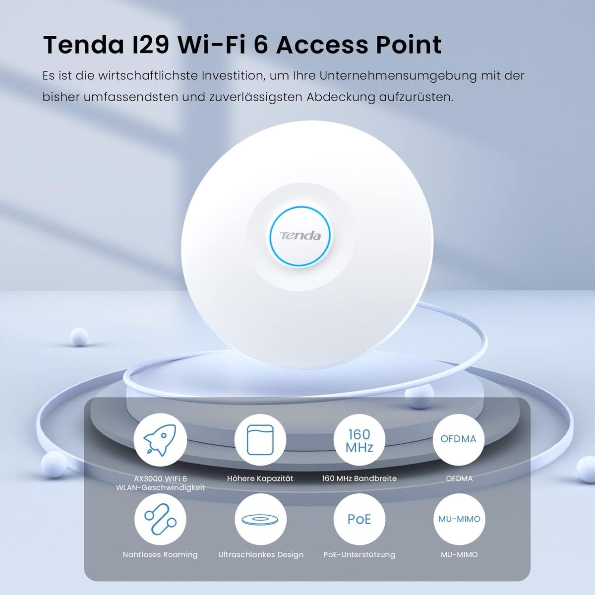 Tenda i29 AX3000 Access Point PoE WiFi 6 (802.11ax Dualband, MU-MIMO & OFDMA, WPA3, mehrere SSIDs, zentrales Management, PoE+ powered, inklusive Netzteil)