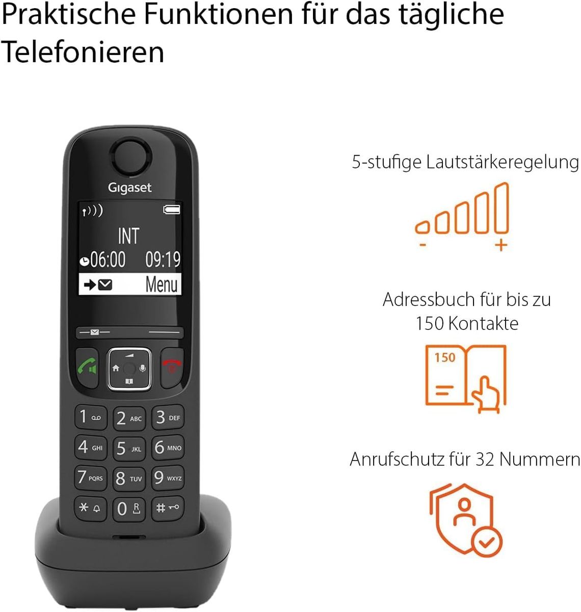 Gigaset AS690HX - Schnurlostelefon für Router & DECT-Basis, Fritzbox-kompatibel, - Freisprechfunktion, großes Display, große Tasten - Festnetztelefon, schwarz