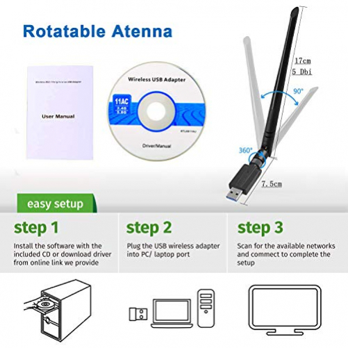 Maxesla USB WiFi Adapter 1200M WiFi Dongle High Speed 802.11ac5 dBi Dual Band 2,4/5 GHz Wireless Netzwerk Adapter für PC/Desktop/Tablet/Laptop kompatibel mit Windows, Mac OS X