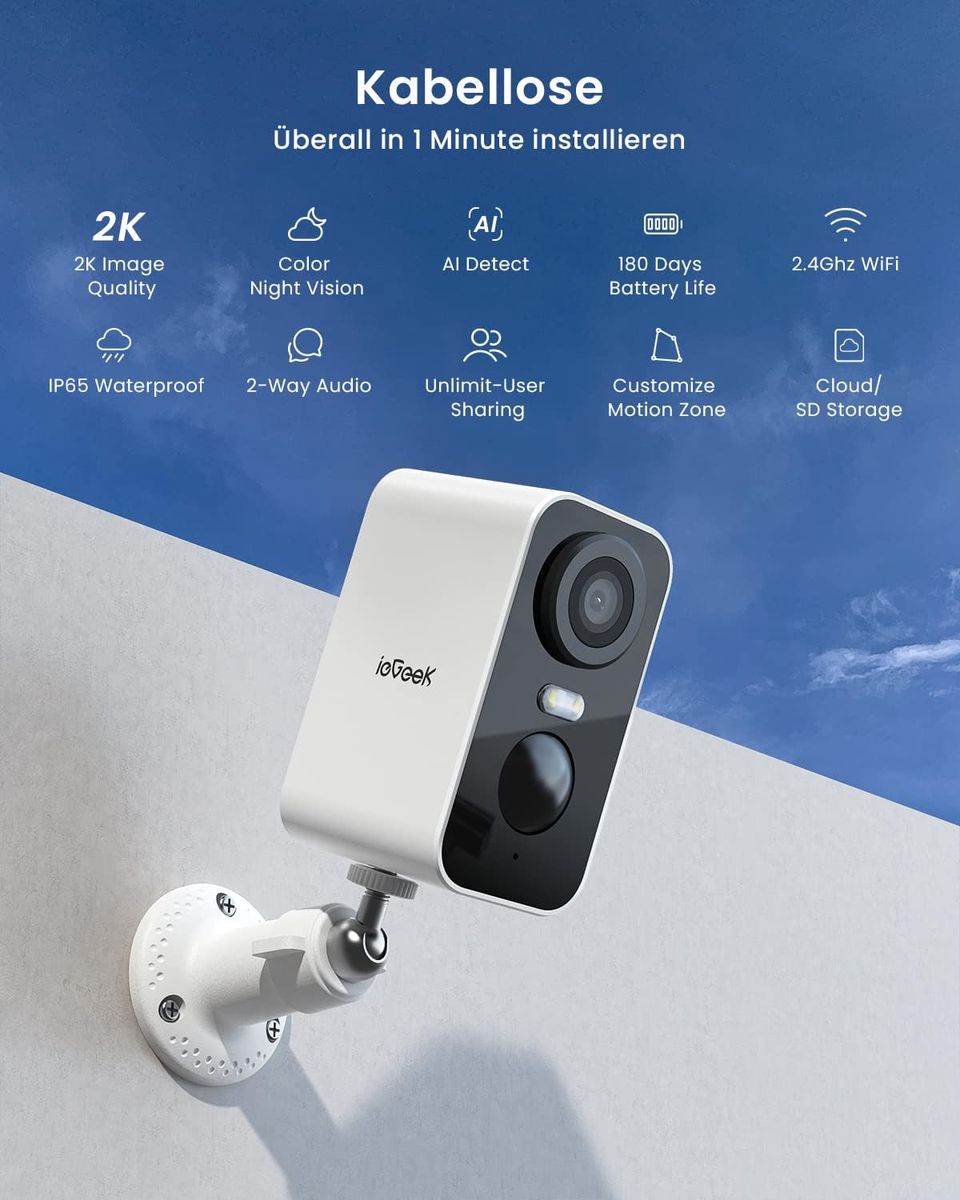 ieGeek 2K Überwachungskamera Aussen Akku Kabellose Überwachungskamera außen/innen mit farbige 10m Nachtsicht,PIR-Bewegungserkennung,Lange Zeit Standby,Cloud/SD Storage,IP65,2-Wege Audio,2,4 GHz KameraA ieGeek 2K Überwachungskamera Aussen Akku Kabellose Überwachungskamera außen/innen mit farbige 10m Nachtsicht,PIR-Bewegungserkennung,Lange Zeit Standby,Cloud/SD Storage,IP65,2-Wege Audio,2,4 GHz KameraA