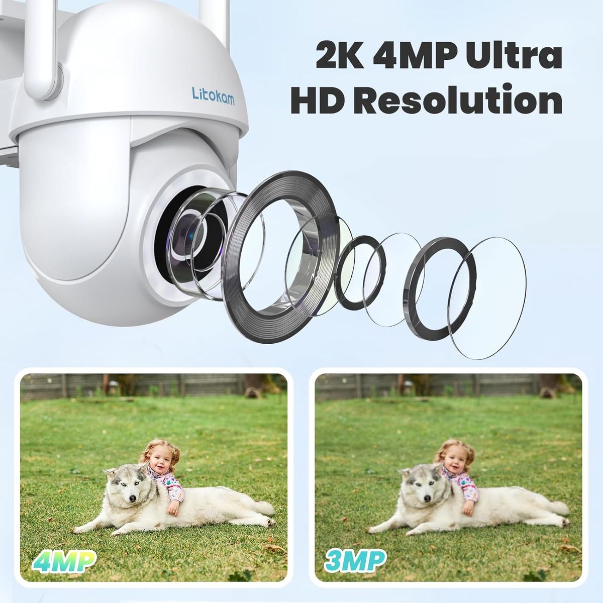 litokam Überwachungskamera Aussen, 4MP WLAN Kamera Outdoor mit Bewegungserkennung, Zwei-Wege-Audio, 360° PTZ Kamera überwachung aussen, WLAN Überwachungskamera Außen für Babyphone mit Alexa 1 Stück-2.4Ghz Weiß