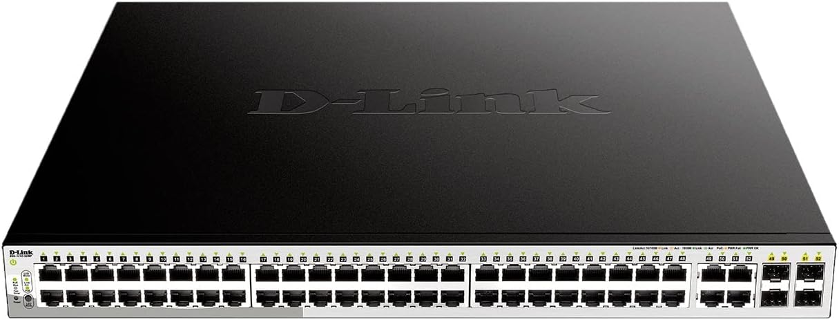 D-Link DGS-1210-52MP/E Managed L2 Gigabit PoE Switch, 48x 10/100/1000 RJ-45, 4x SFP, 370 W PoE-Budget, Schwarz/Grau