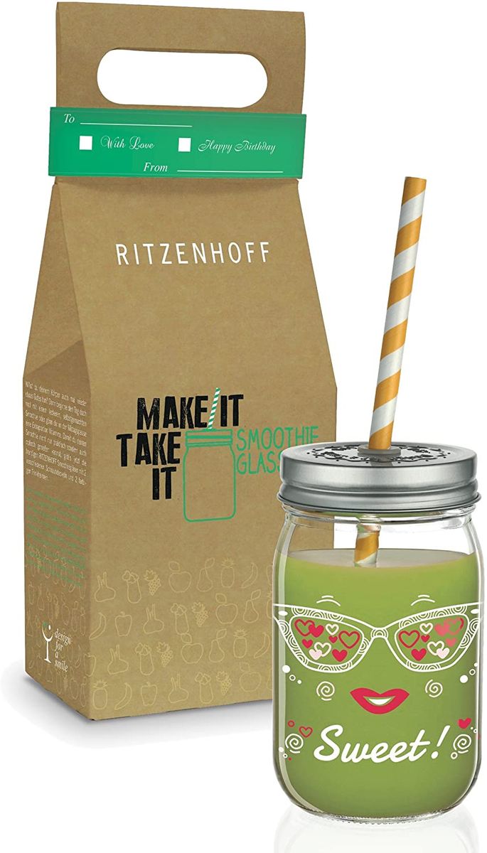 RITZENHOFF Make It Take It smoothie glass by Nils Kunath, made of glass, 450 ml, with two colored organic straws and two screw lids.