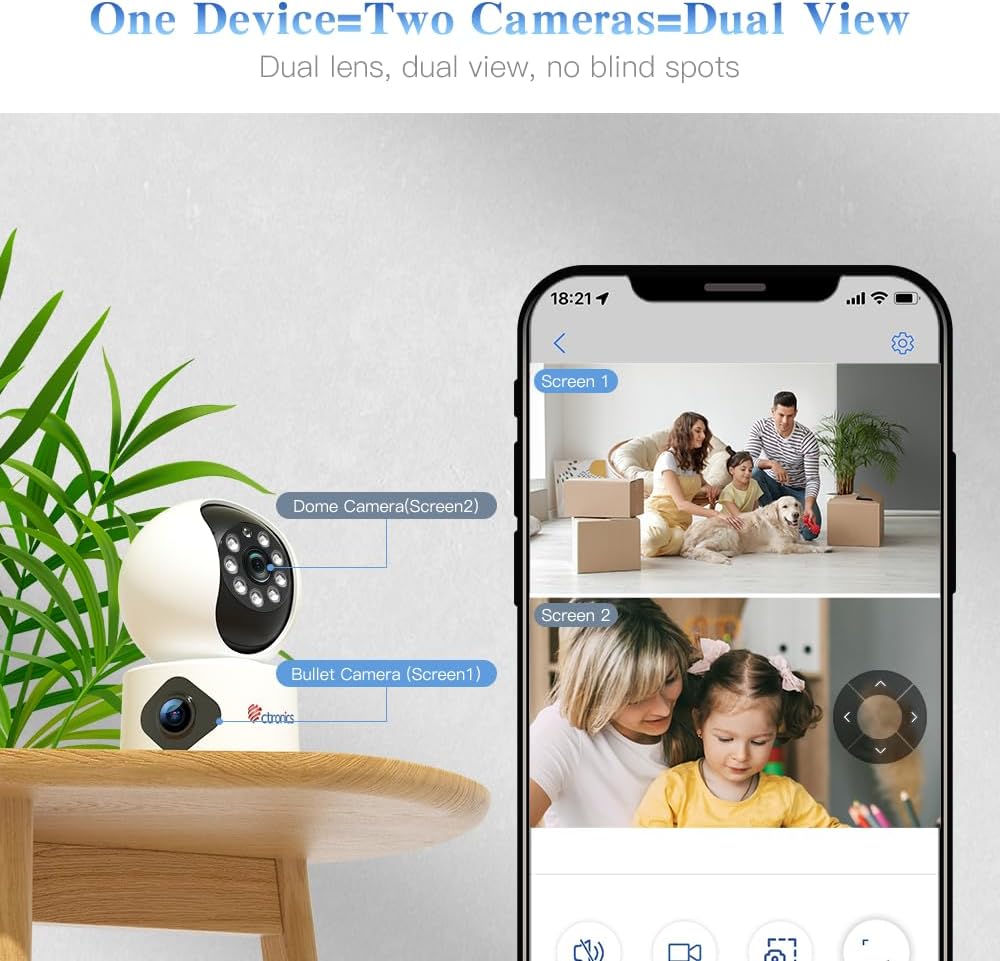 Ctronics Überwachungskamera Innen mit Dual-Objektiv, 360° PTZ Dual Kamera Indoor WLAN mit Duale Ansicht, Menschen-/Bewegungserkennung, Automatische Verfolgung, IR-Nachtsicht, 2.4GHz WiFi, 2-Wege-Audio