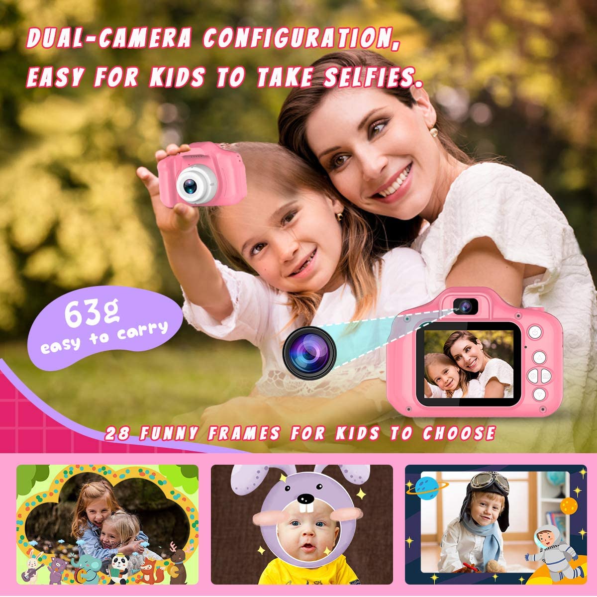 BAISIQI Selfie Cameras for Kids, Toy for 3-8 Year Old Girls Children Digital Cameras with 32 GB Card Video Music Electronic Game Toy Birthday Christmas Idea Gift for Toddler Girls Pink Presents