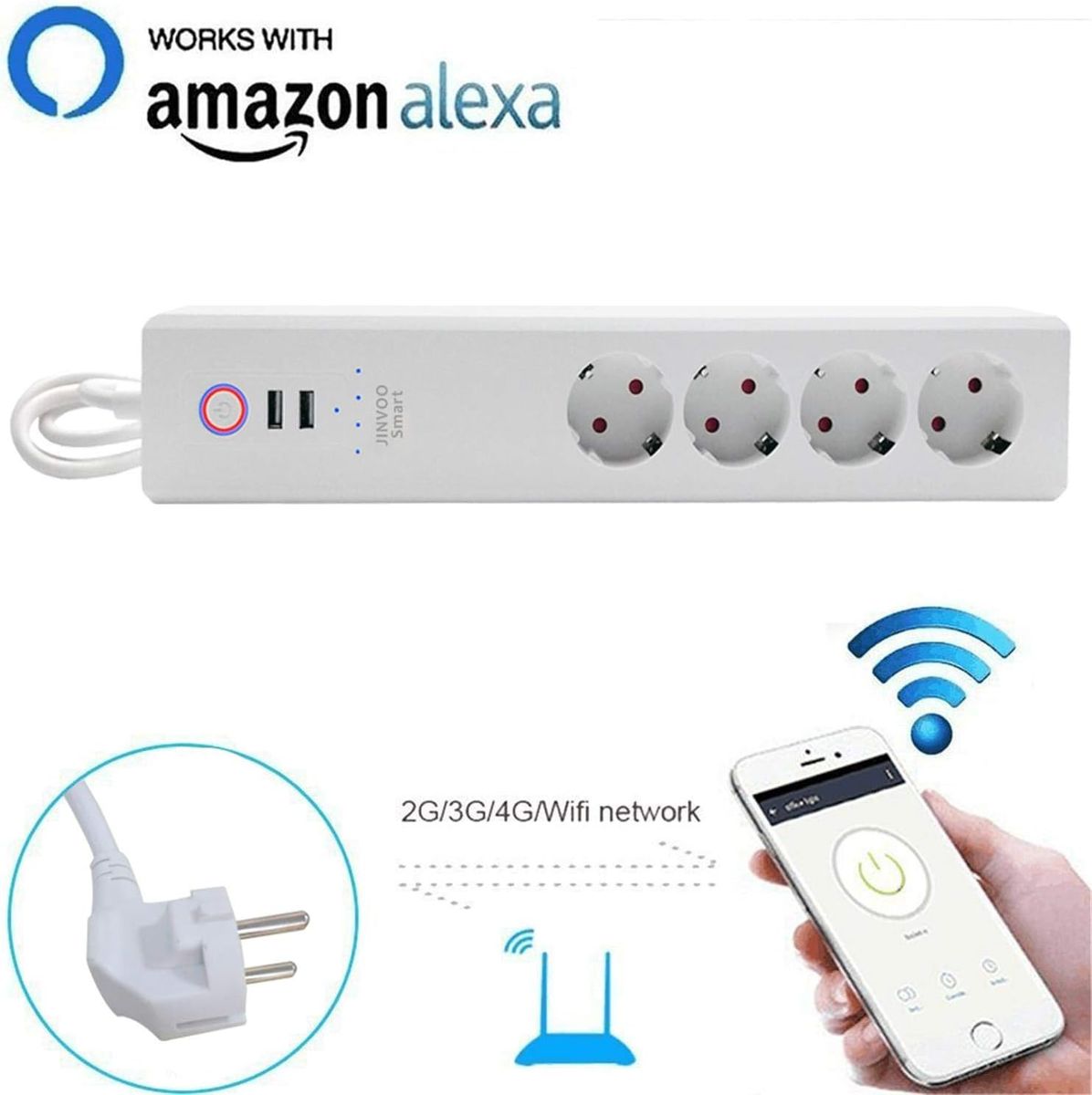 Jinvoo Smart SM-SO306-2A Steckdosenleiste, 4x Typ F (EU) Steckdosen, 2x USB-Schnellladung, Überspannungsschutz, WLAN, App-Fernbedienung, Timer, kompatibel mit Alexa & Google Assistant, EU