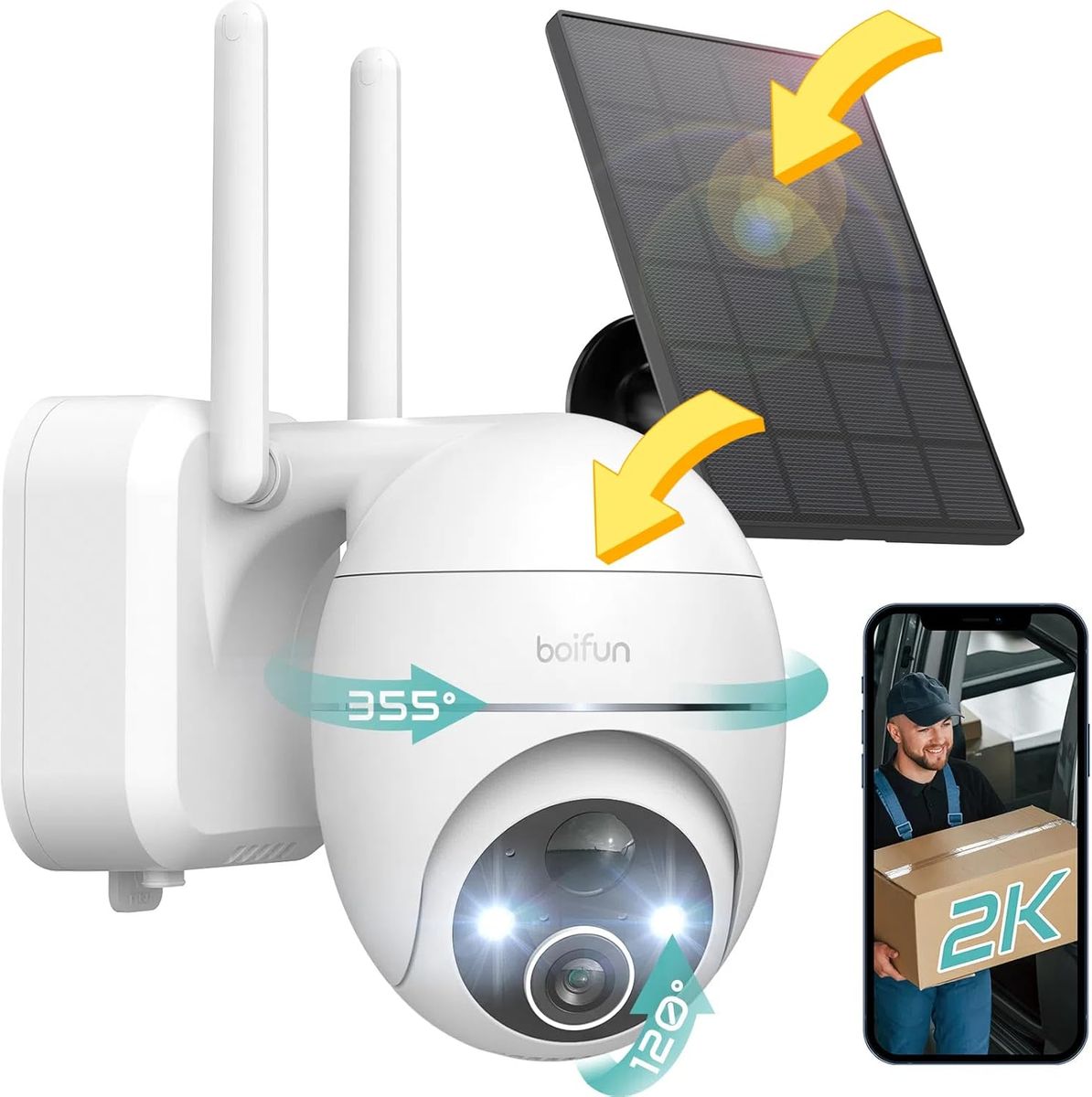 BOIFUN ZS-GX1S Solar-Überwachungskamera Außen 2K 360° WLAN 2,4 GHz Farb-Nachtsicht 15 m Bewegungsmelder Zweiweg-Audio Solarbetrieben