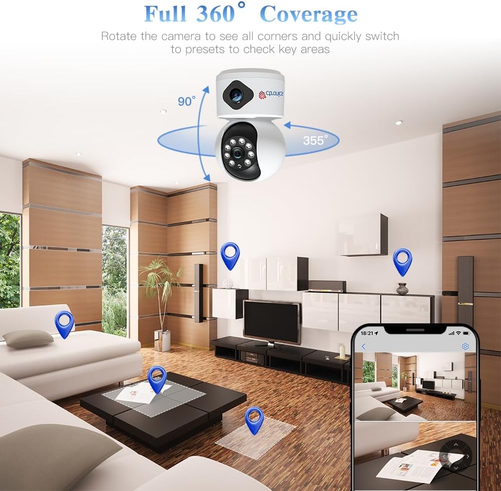 Ctronics Überwachungskamera Innen mit Dual-Objektiv, 360° PTZ Dual Kamera Indoor WLAN mit Duale Ansicht, Menschen-/Bewegungserkennung, Automatische Verfolgung, IR-Nachtsicht, 2.4GHz WiFi, 2-Wege-Audio