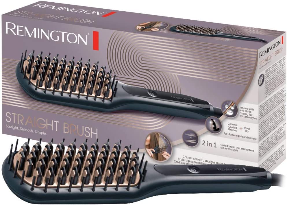 Remington Glättbürste 2in1: Glätteisen & Haarbürste für eine reduzierte Stylingzeit (Keramikbeschichtete & antistatische Borsten mit kühlen Enden, Digitales Display, 150-230°C) CB7400