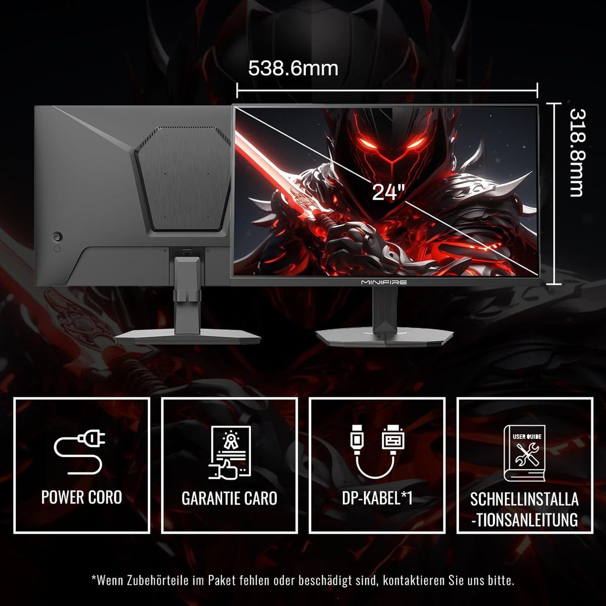 Minifire Gaming Monitor 24 Zoll, 180 Hz, 1ms, AMD FreeSync, Full HD(1920 x 1080), Rahmenlos Bildschirm, Einstellbar, 300Nits, sRGB 110%