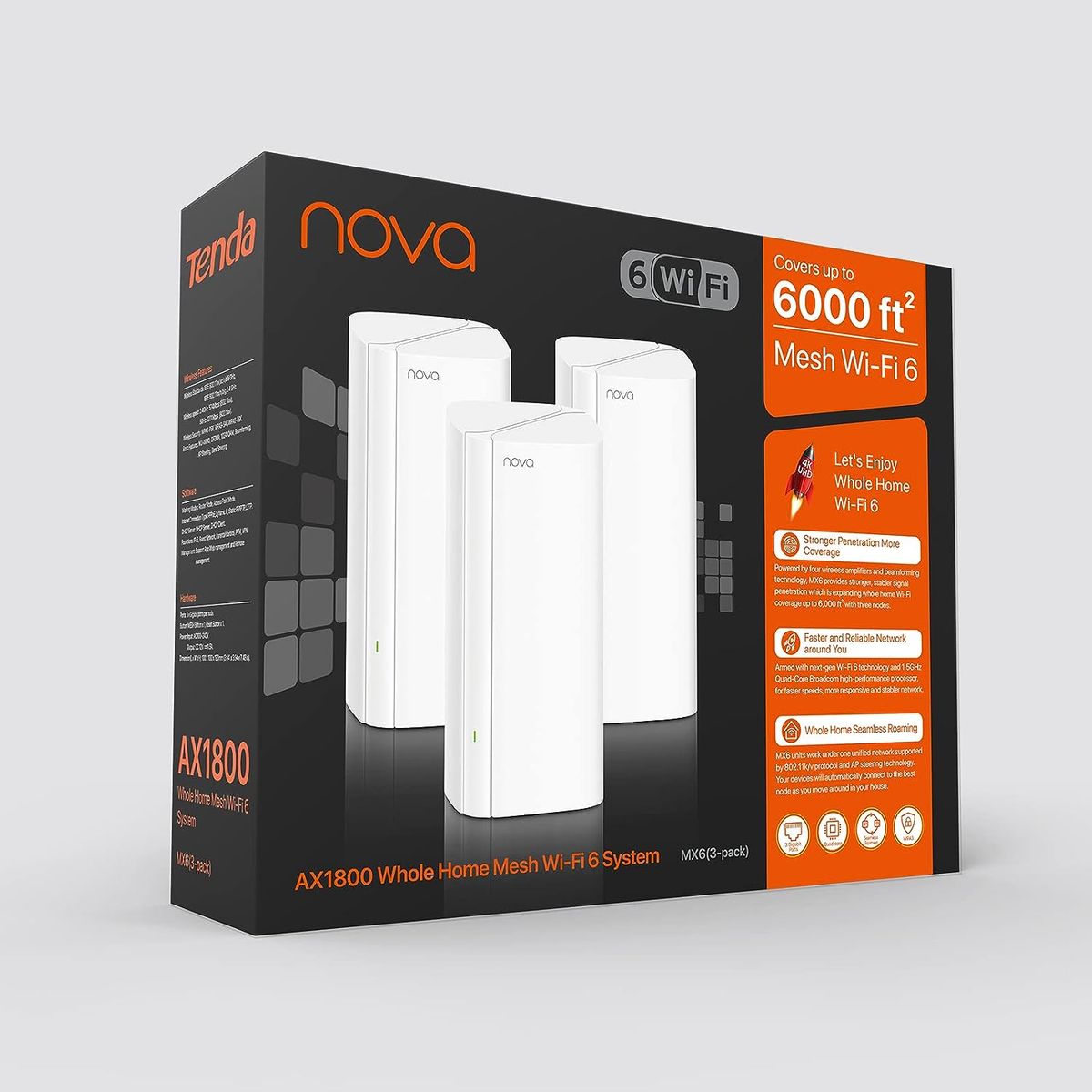 Tenda Nova MX6-3 WiFi 6 WLAN Mesh System, AX1800 Dual Band Mesh WLAN (1800Mbit/s, bis zu 500m² Wi-Fi Abdeckung, 9X GB LAN) Easy Mesh, MU-MIMO, Gäste-Netzwerk, Alexa, Ersetzt Router & Repeater, Weiß