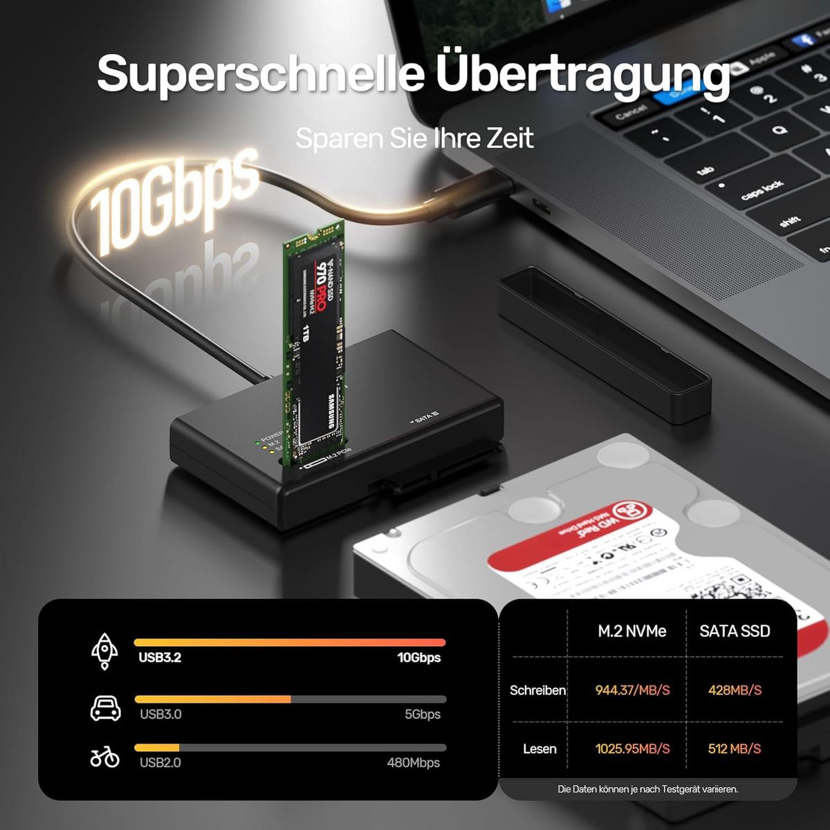 Alxum M.2 NVME Gehäuse und SATA USB Adapter - USB 3.2 Typ C 10Gbps für 2,5"/3,5" Festplatten - Unterstützt PCIe/NVMe SSDs und AHCI SATA SSDs & HDDs