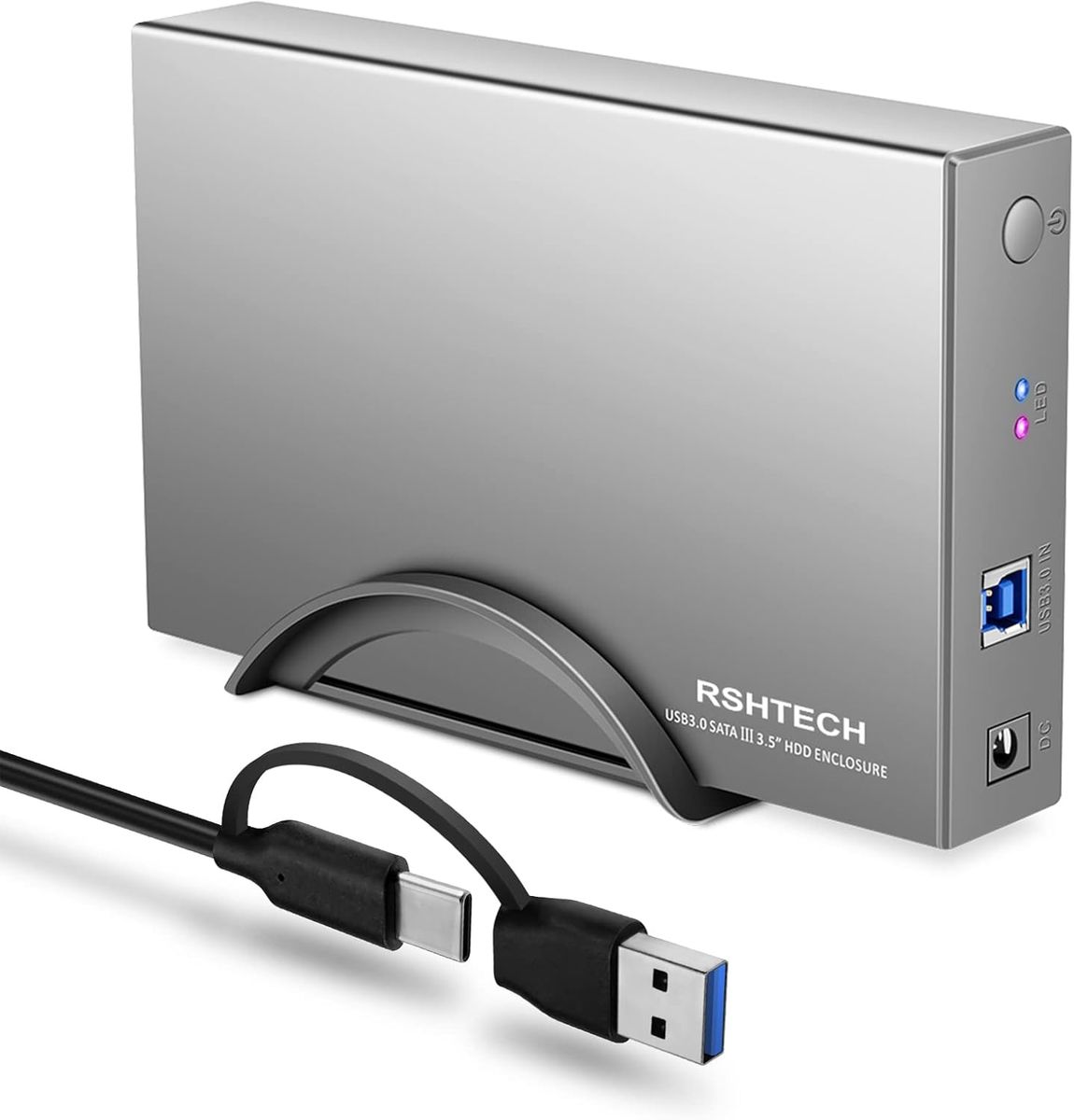 RSHTECH Aluminium USB 3.0 Externe Festplattengehäuse 2,5''&3,5'' USB 3.0 SATA Festplatte Gehäuse für SSD & HDD, mit 2-in-1 Kabel (Typ-A&C), 24W Netzteil, unterstützt UASP, Automatische Schlaffunktion RSH-339ST