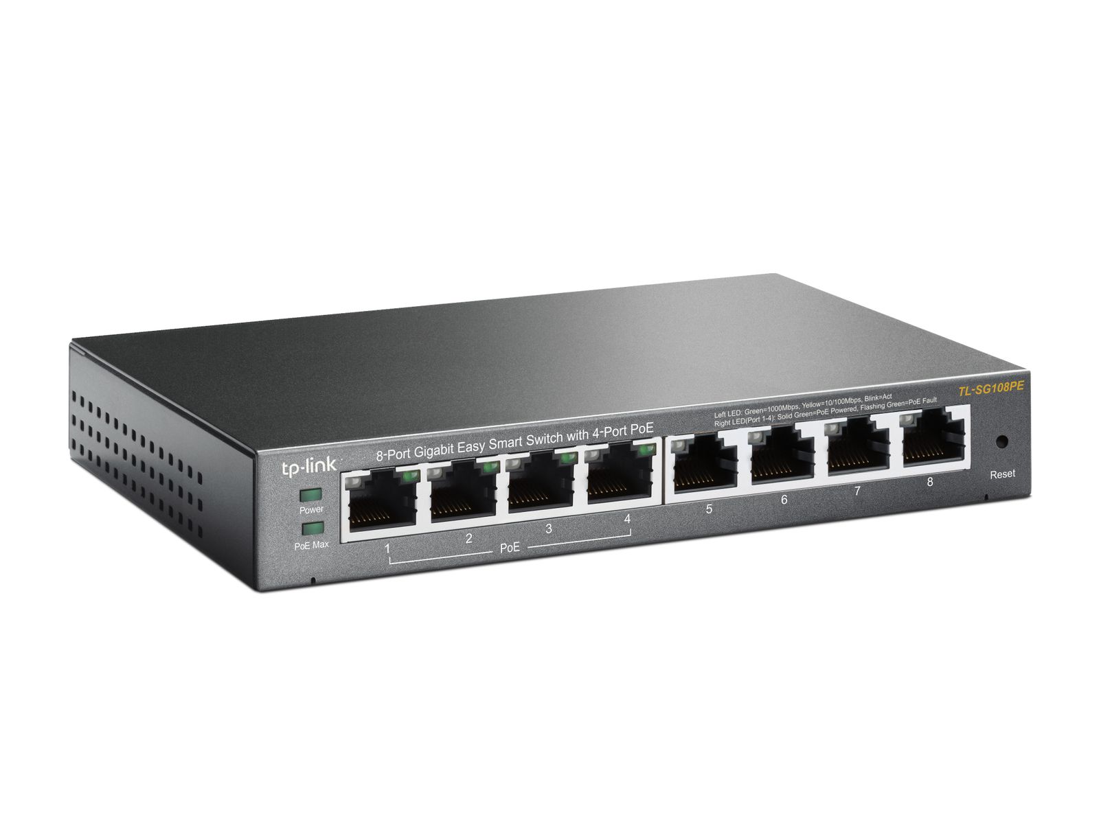 TP-Link TL-SG108PE Managed PoE Switch, 8 Port Gigabit Network Switch mit 4 PoE+ Ports (64 W, 802.3af/at PoE+, Lüfterlos, Plug-and-Play, Robustes Metallgehäuse) Schwarz V5
