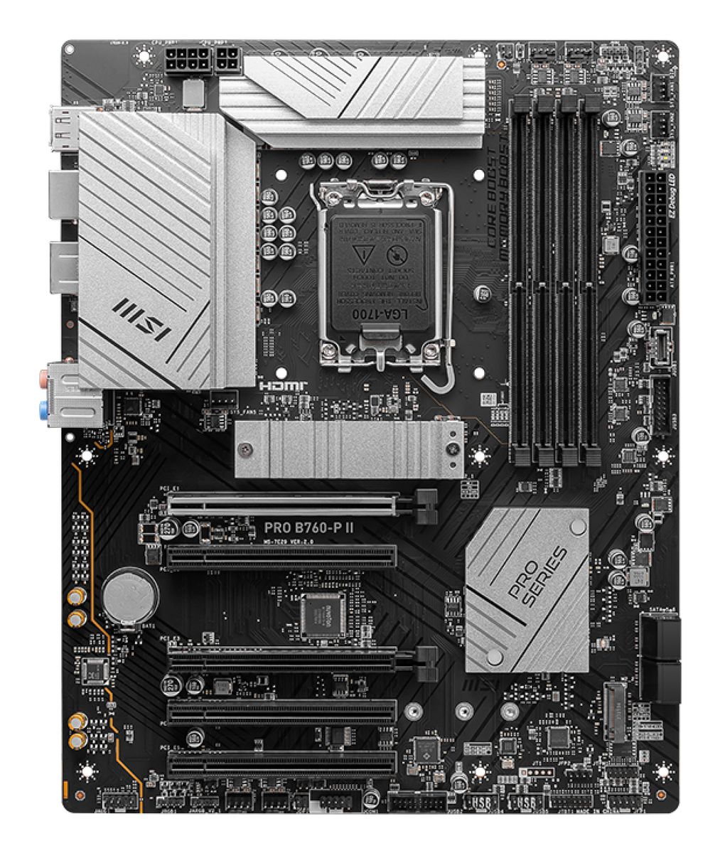 MSI PRO B760-P II Mainboard Intel B760 LGA1700 ATX, DDR5, 4x DIMM bis 256 GB, 2.5GbE, HDMI 2.1, DP 1.4, 2x M.2, SATA III, RAID, UEFI