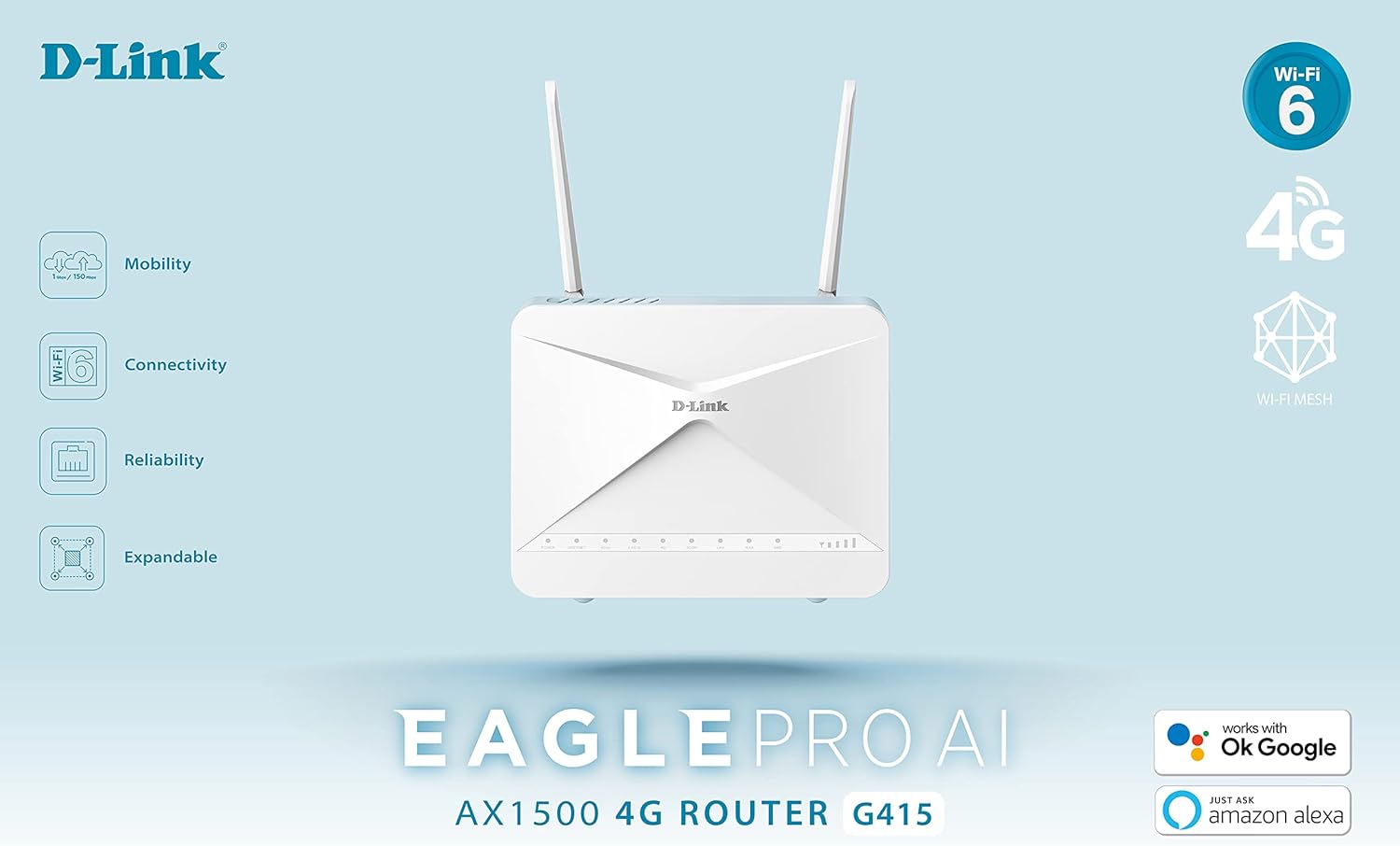 D-Link G415/E EAGLE PRO AI AX1500 Mobilfunk-Router, 4G LTE Cat4 bis 150 Mbit/s, Dualband Wi‑Fi 6, 3x Gigabit LAN, Mesh, SIM Steckplatz, EU