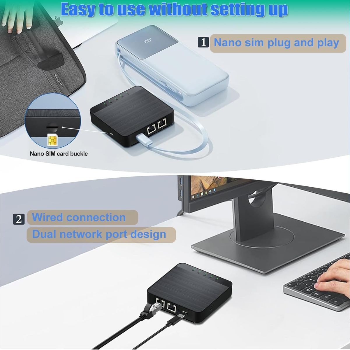 Generico T-CPE301K Mobiler 4G LTE Router, SIM, 300 Mbps, USB-C, WPA3, Plug & Play, 2x Gigabit Ethernet, integrierte Antenne, bis 200 m² WLAN