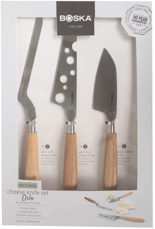 Boska Oslo Cheese Knife Set, Three Cheese Knives, Stainless Steel, Wood, Brown, Silver, 250 x 30 x 20 mm