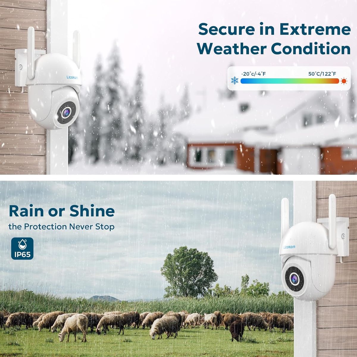 litokam Überwachungskamera Aussen, 4MP WLAN Kamera Outdoor mit Bewegungserkennung, Zwei-Wege-Audio, 360° PTZ Kamera überwachung aussen, WLAN Überwachungskamera Außen für Babyphone mit Alexa 1 Stück-2.4Ghz Weiß