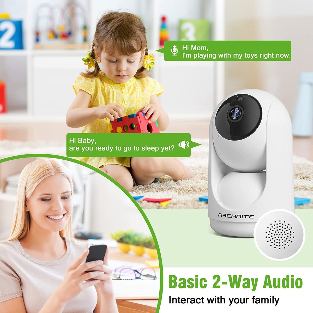 ARCANITE 1080P Wireless Home Security WiFi IP-Kamera für die Überwachung von Babys und Haustieren, Handy-App für Fernbedienung, Nachtsicht, Audio, MicroSD-Kartensteckplatz, Weiß
