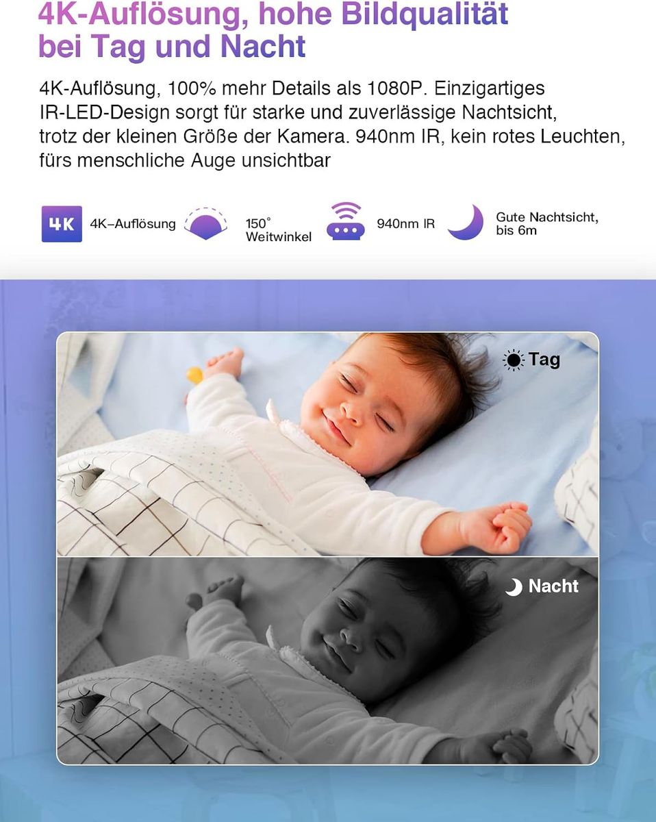 HiKam HI-01-05 Mini Überwachungskamera Akku 800mAh Innen 4K 8MP 150° Nachtsicht Bewegungsmelder Wi-Fi App MicroSD bis 128GB USB