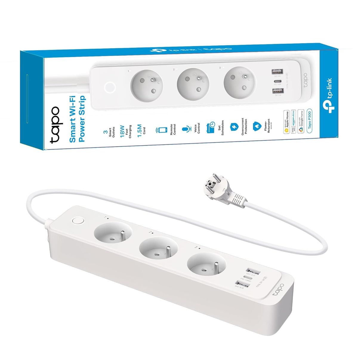 TP-Link Tapo P300 Steckdosenleiste Smart Wi-Fi, 3 AC-Ausgänge Type F (CEE 7/4), 1,5 m, 2300 W, 3x USB, Weiß