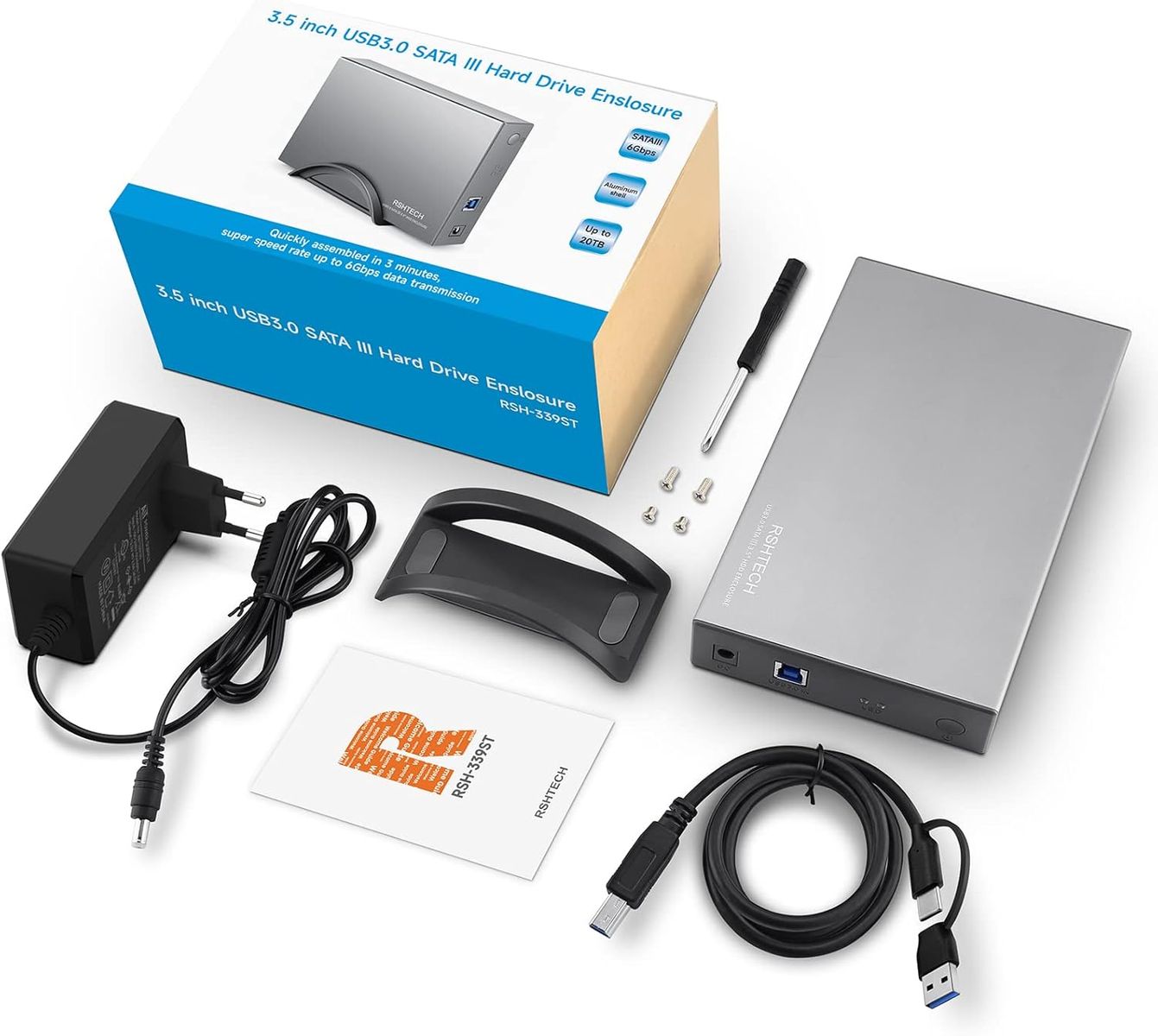 RSHTECH Aluminium USB 3.0 Externe Festplattengehäuse 2,5''&3,5'' USB 3.0 SATA Festplatte Gehäuse für SSD & HDD, mit 2-in-1 Kabel (Typ-A&C), 24W Netzteil, unterstützt UASP, Automatische Schlaffunktion RSH-339ST