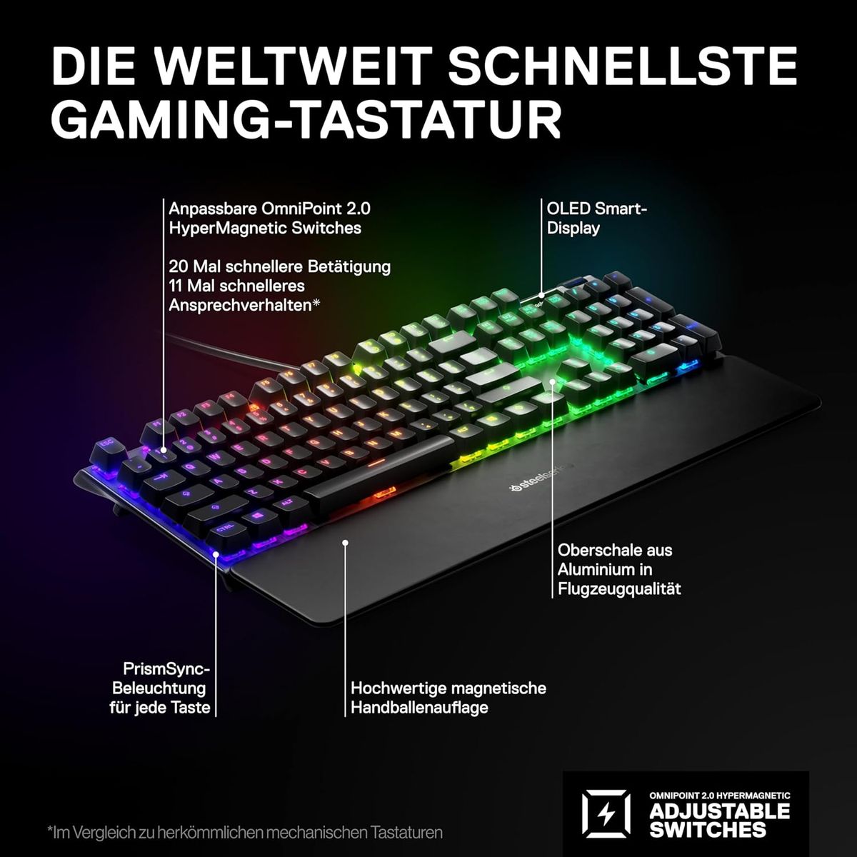 SteelSeries Apex Pro HyperMagnetic Gaming-Tastatur u2013 Die schnellste Tastatur der Welt u2013 Anpassbares Ansprechverhalten u2013 OLED-Bildschirm u2013 RGB u2013 USB-Passthrough - (DEU Layout - QWERTZ)