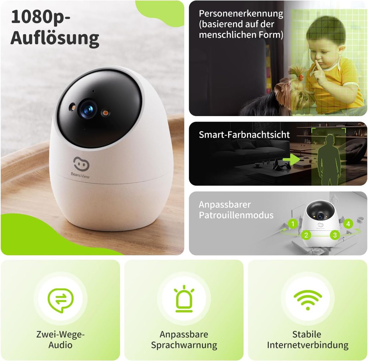 Beans View BV-D210 (2WL) Innen-Sicherheitskamera, 1080P Full HD, 360° PTZ, Farb-Nachtsicht, Personen- & Tiererkennung, 2.4 GHz WLAN, MicroSD bis 512GB, kabelgebunden, EU