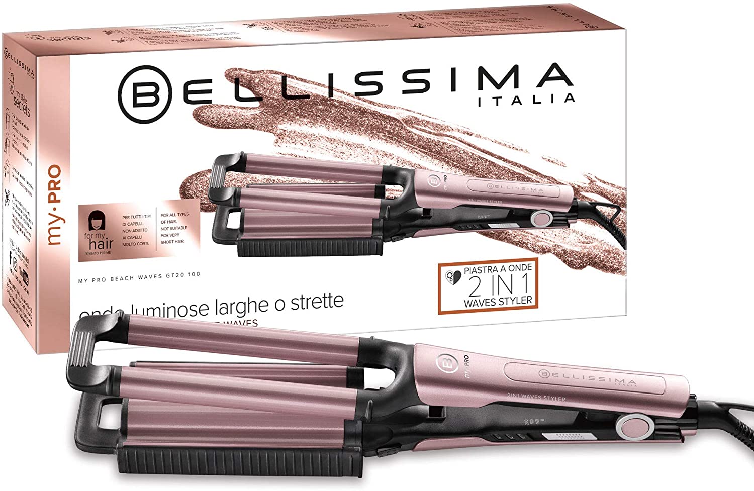 Imetec Bellissima My Pro Beach Waves GT20 100 straightener, hair straightener for waves and curls with natural effect, 3 temperature settings for optimal protection of the hair, double curling iron Pinke