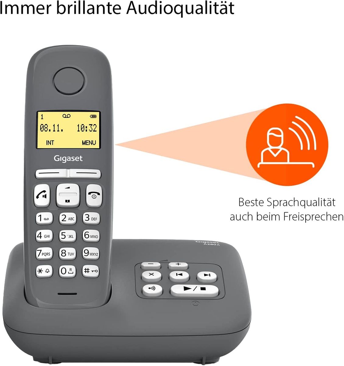 Gigaset A280A Duo 2 Schnurlose Telefone Anrufbeantworter brillante Audioqualität auch beim Freisprechen intuitive symbolbasierte Menüführung Kurzwahltasten Grafik-Display