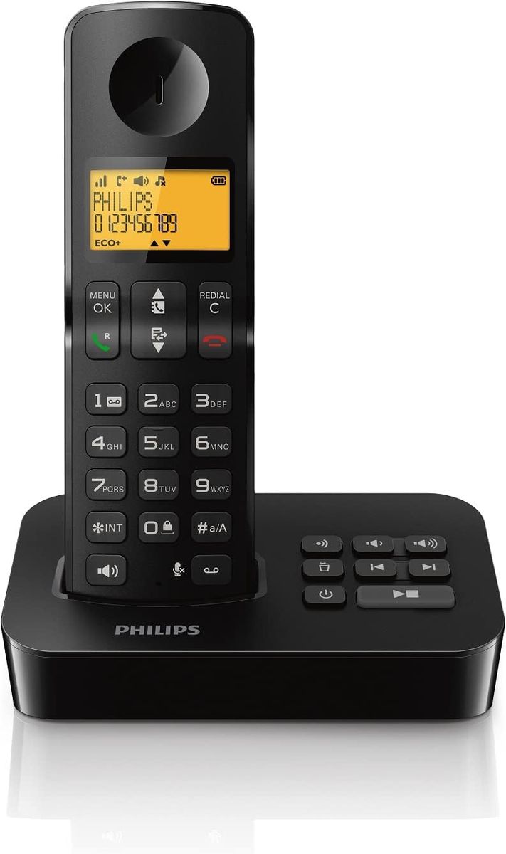 PHILIPS Festnetztelefon D2651B/01 Single - Schnurloses Telefon mit Anrufbeantworter - 1'6-Zoll-Display - Telefonbuch - Rufnummernerkennung - Kurzwahltasten - große Reichweite - Schwarz