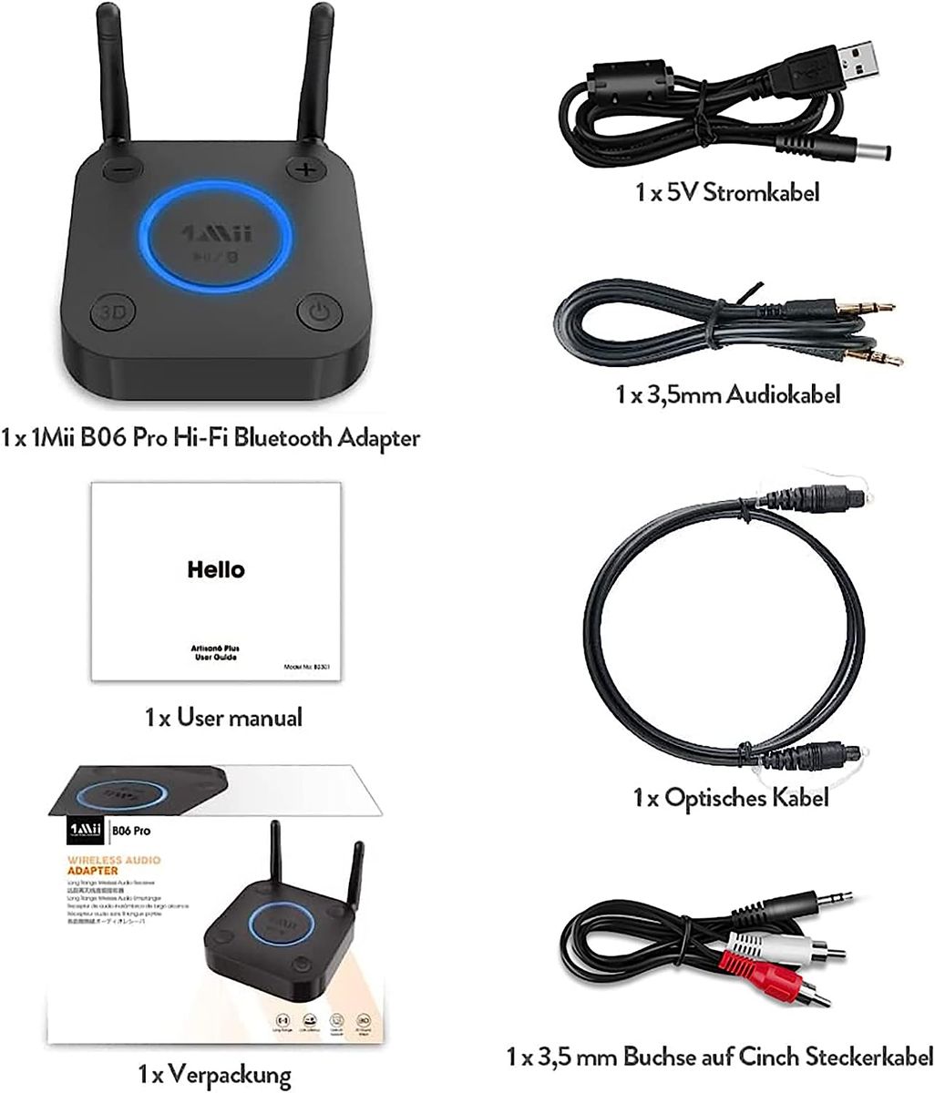 1Mii Großer Reichweite Empfänger, HiFi Kabelloser Audio Adapter, aptX Low  Latency Bluetooth 5.0 Receiver mit 3D