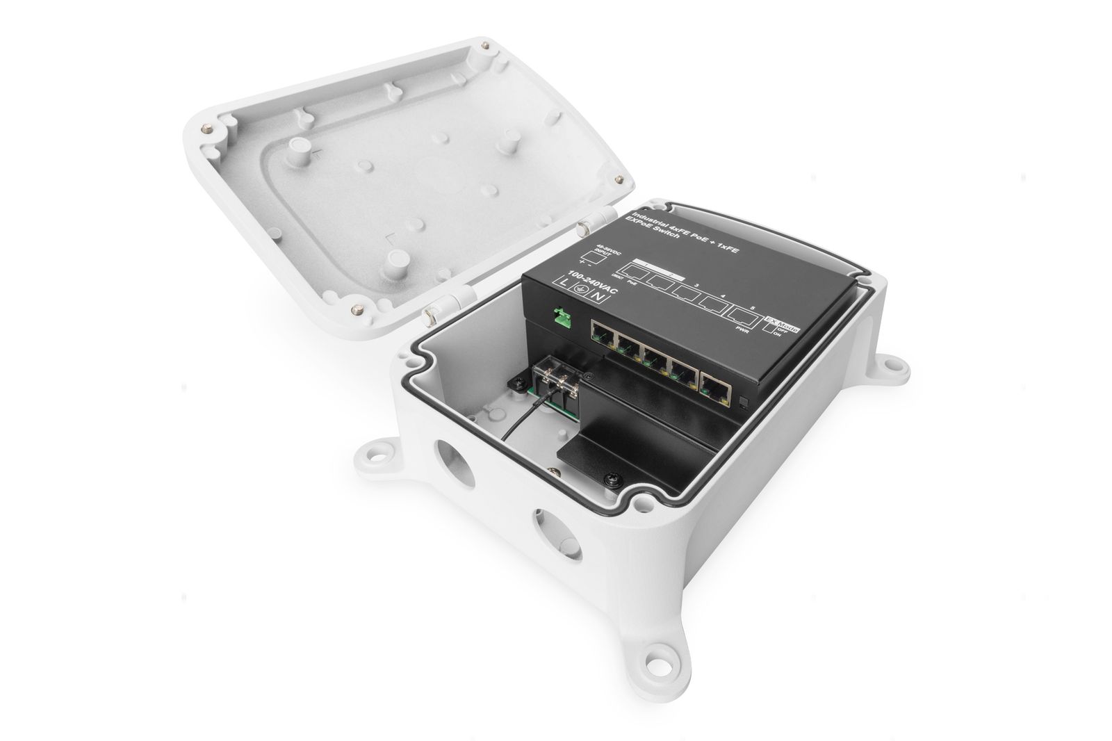 DIGITUS Outdoor PoE+ Netzwerk-Switch - 4 PoE-Ports + 1x Uplink - 100 MBit/s - Reichweite bis 250 m im EX-Mode - IP67 Outdoor - 100 MBit/s - 4+1 Port