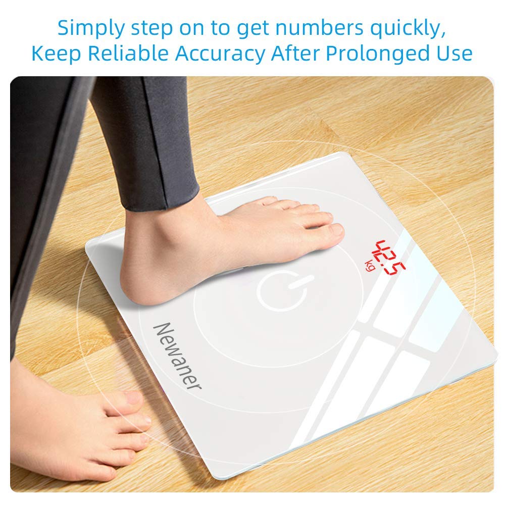 Newaner Digital Personal Scales, Weighing Scales with High-Precision Sensors and Hardened Safety Glass with Extra Large LCD Display, Scales with Non-Slip Feet, 5 kg - 180 kg (White)