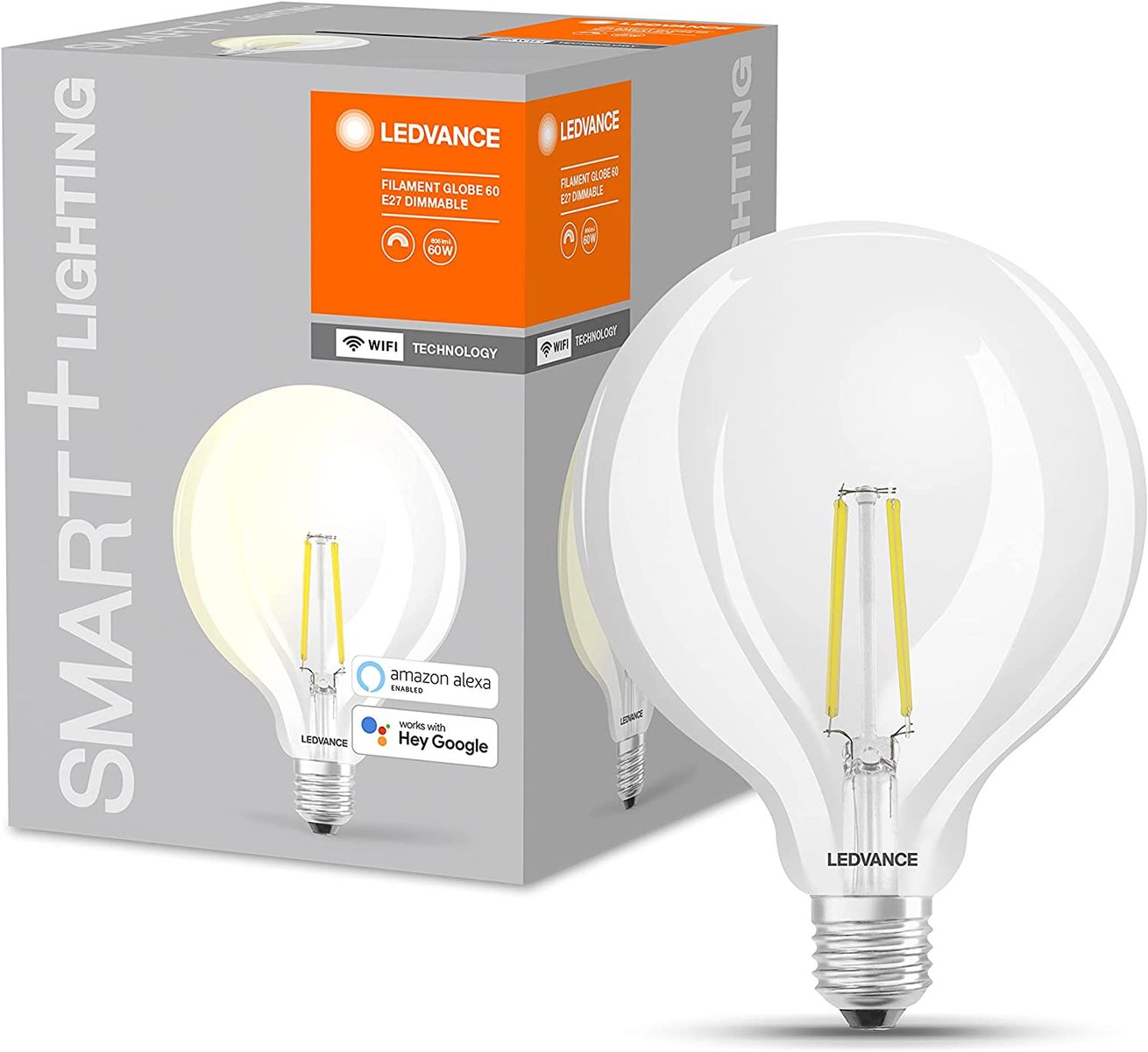 LEDVANCE Smarte LED-Lampe mit WiFi Technologie, Sockel E27, Dimmbar, Warmweiß (2400 K), ersetzt Glühlampen mit 60 W, SMART+ WiFi Globe Edison Dimmable, 1er-Pack, Filament Globe - Form 1 Stück (1er Pack) 60W-Ersatz