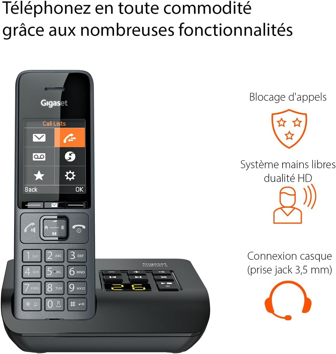 Gigaset Comfort 520A Schnurloses DECT-Telefon mit Anrufbeantworter, Elegantes Design, HD-Audio, Anrufsperre, Telefonbuch für 200 Kontakte, Dark Grey, EU