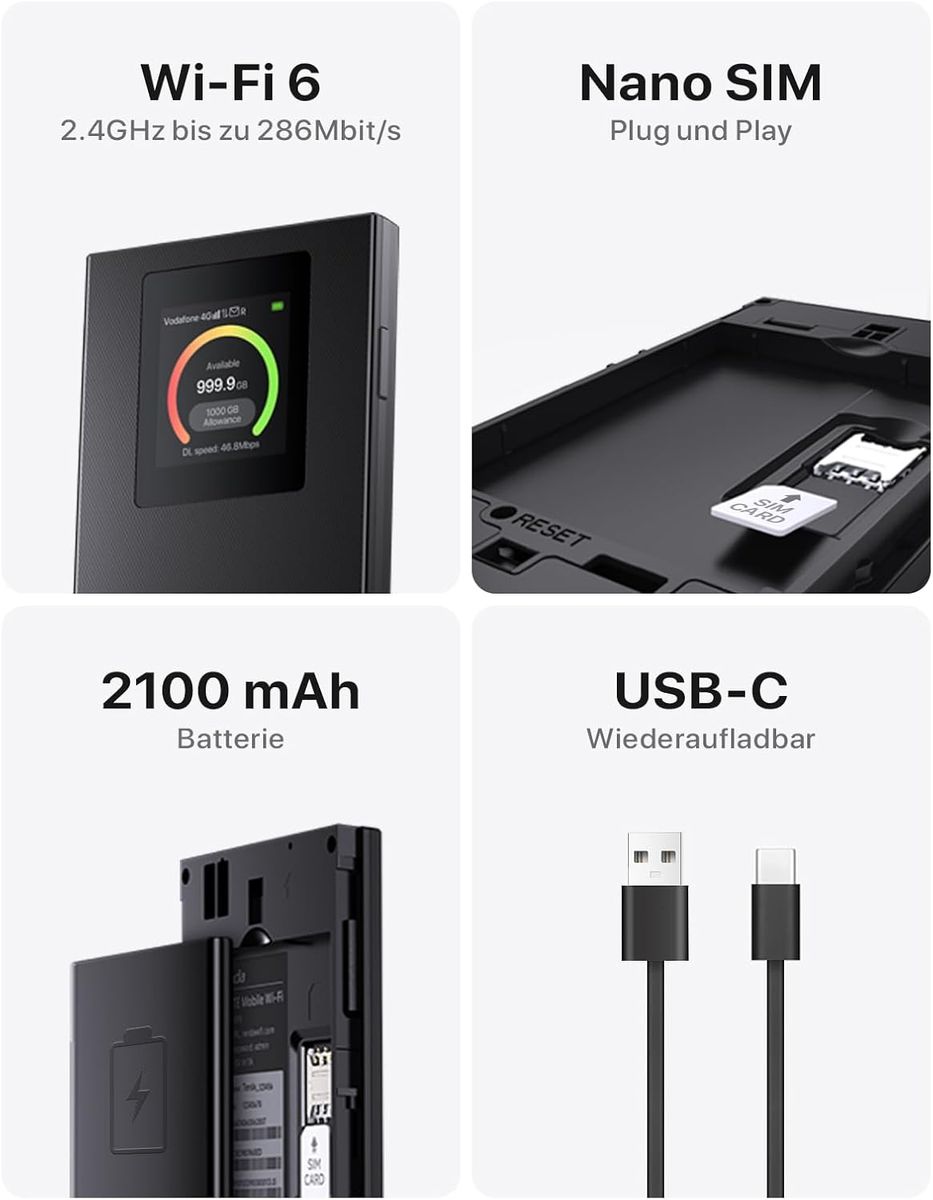 Tenda MF6 Mobiler WLAN Router, Wi‑Fi 6 Tragbarer Hotspot, 2100 mAh Akku, USB-C, Plug & Play, WPA3, 4G LTE MiFi, Mini