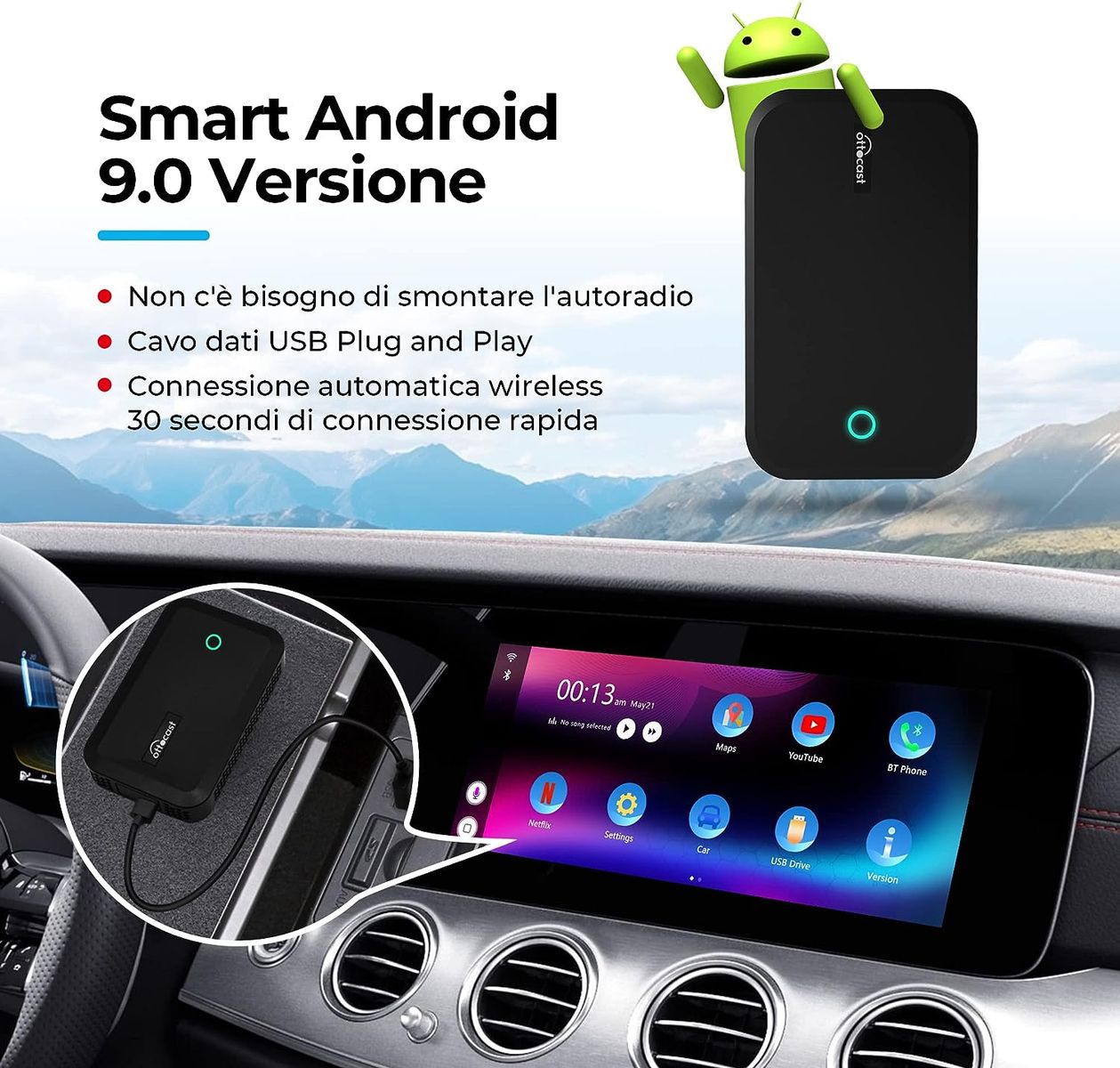OTTOCAST CarPlay AI Box Wireless Adapter Plug & Play, Adapter unterstützt Viele Google Play Apps, OTTOCAST Android 9.0 System, Unterstützt Auch Split Screen Mirroring (Modelljahr: 2016-2021)