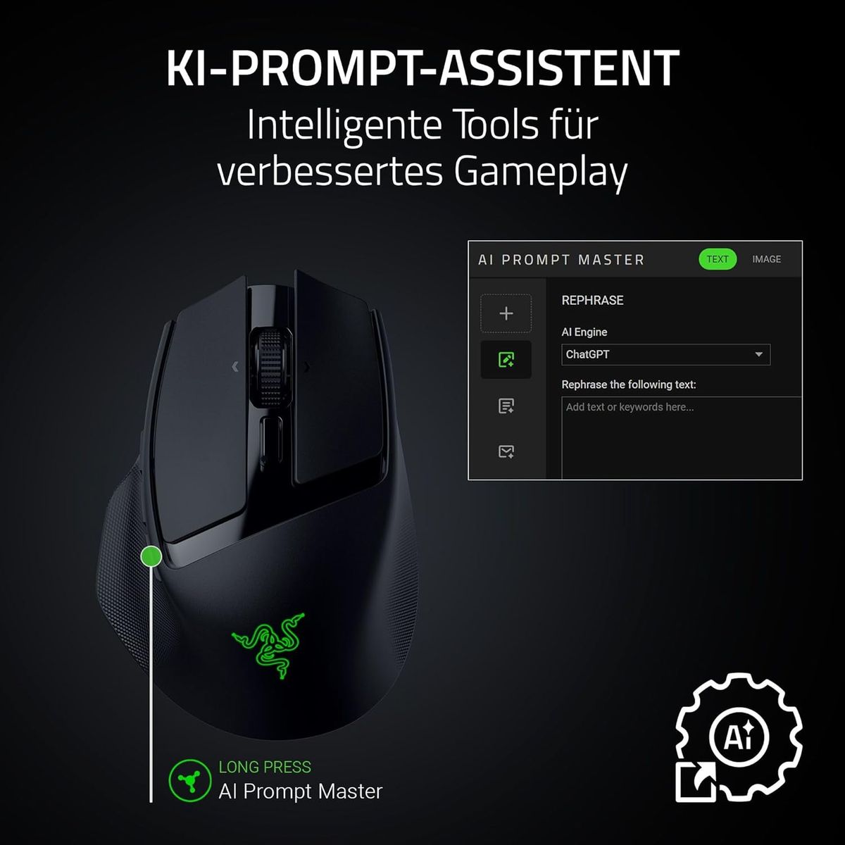 Razer Basilisk Mobile - Kleine ergonomische kabellose Gaming-Maus - AI Prompt Master - Focus X 18K Sensor (Tri-Mode-Konnektivität, bis zu 105 Stunden, Mausschalter Gen-3) Schwarz