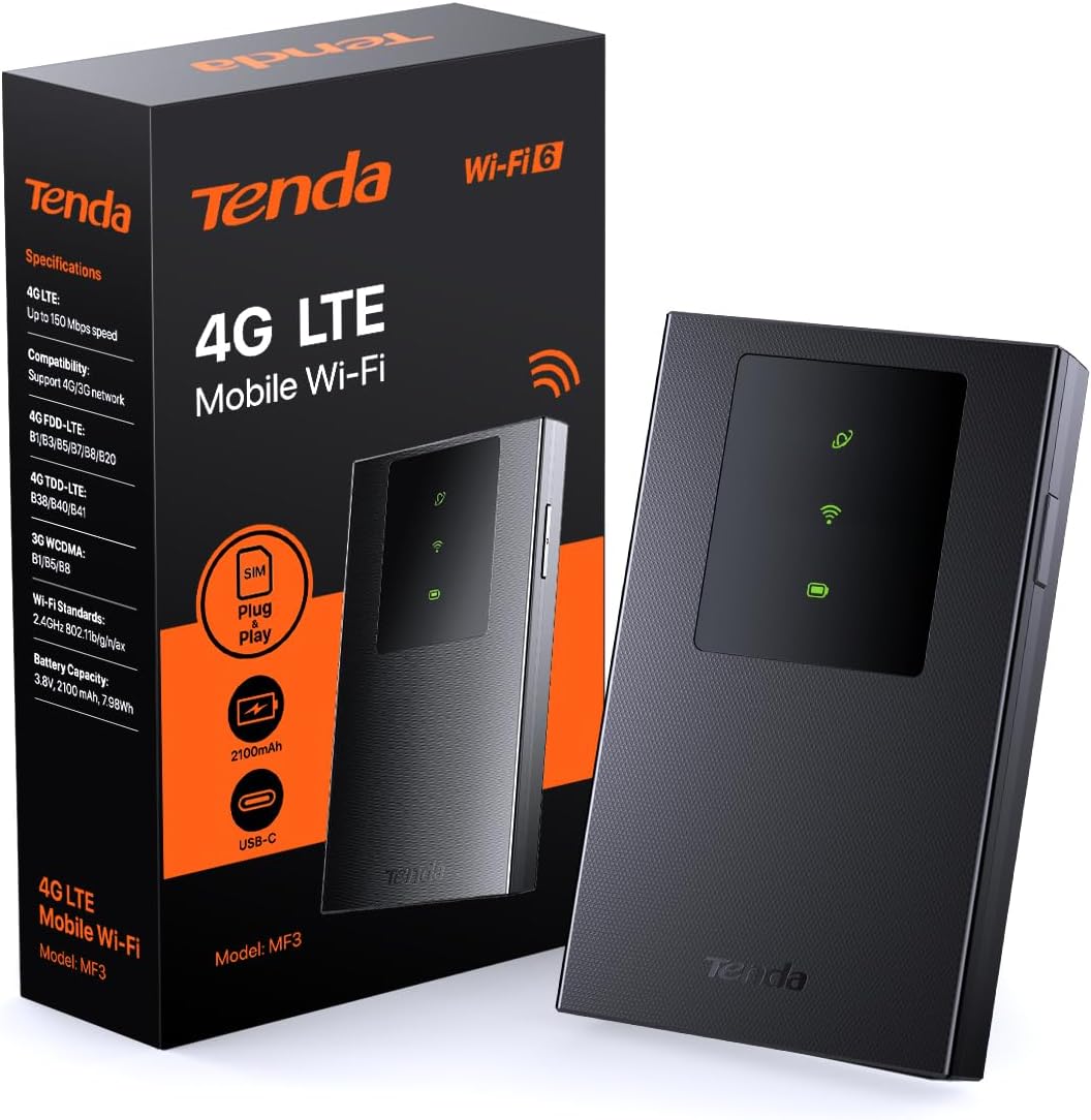 Tenda MF3 Mobiler WLAN-Router (Mobile Hotspot), 4G LTE, AX300 Wi‑Fi 6 2,4 GHz, 2100 mAh Akku, USB-C, WPA3, MiFi, Nano-SIM, Plug & Play