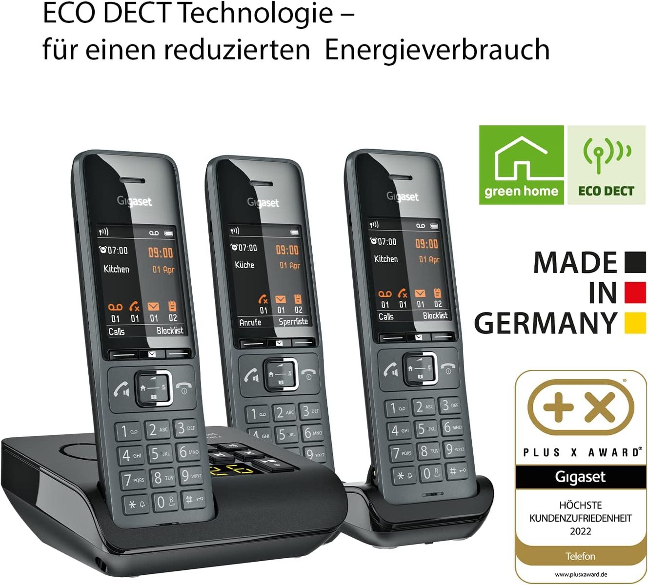 Gigaset Comfort 520A Trio 3 Schnurlose DECT-Telefone Anrufbeantworter- Elegantes Design Beste Audioqualität Freisprechfunktion Anrufschutz Adressbuch 200 Kontakten Titan-schwarz Comfort 520A Trio 3 Telefone AB