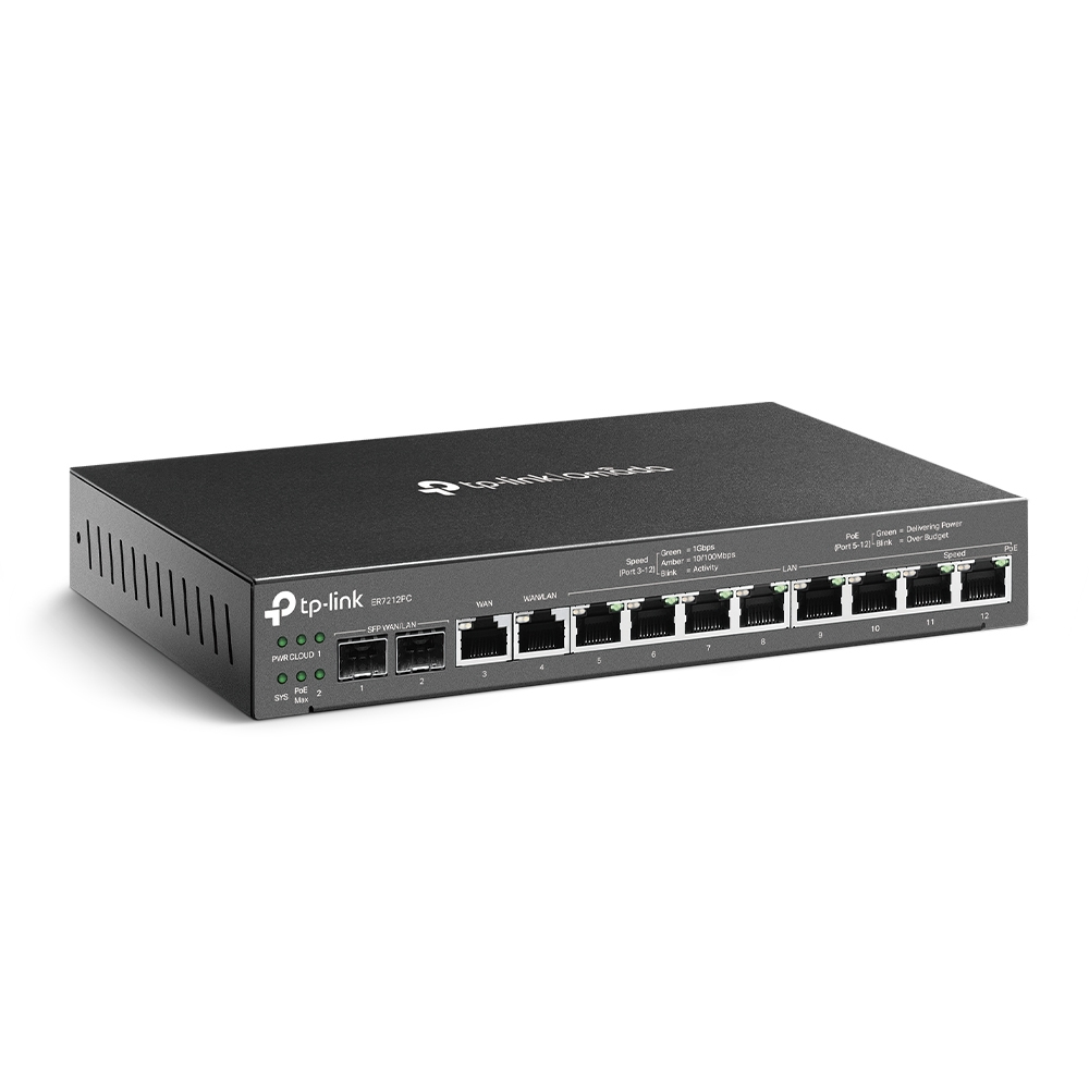 TP-Link Omada ER7212PC(UN) V2.0 3-in-1 Gigabit VPN Router, 8x PoE+ (110W), 10x Gigabit, 2x SFP, 4x WAN, integrierter Controller, lüfterlos