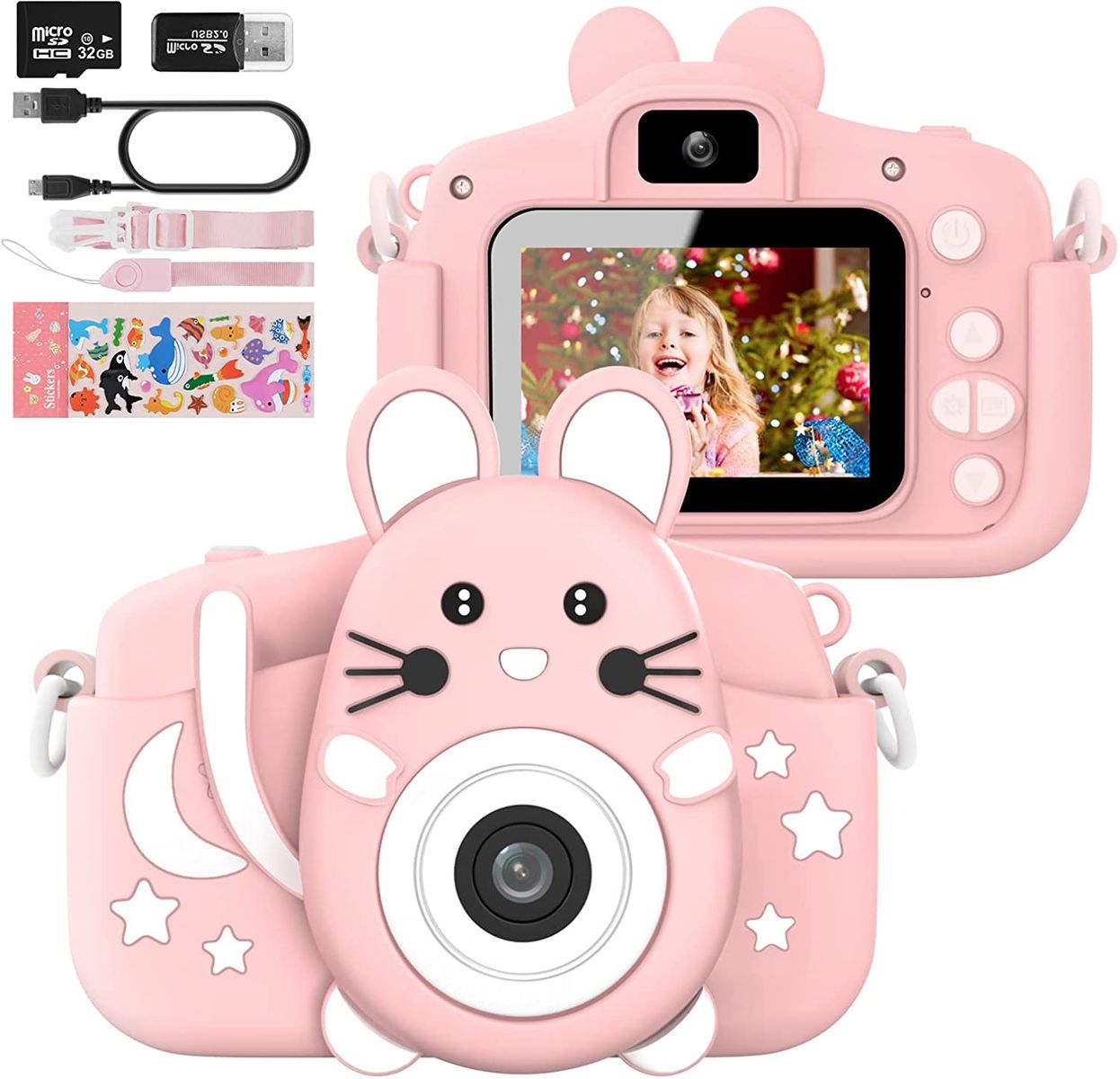 Hangrui Kids Camera with Silicone Case, 20.0MP Rechargeable Kids Digital Dual Camera with 2.0 Inch IPS Screen 1080P Video Camcorder, 32GB SD Card, Selfie Childrens Camera Toy for Boys & Girls Age 3-12, Pink A-Pink