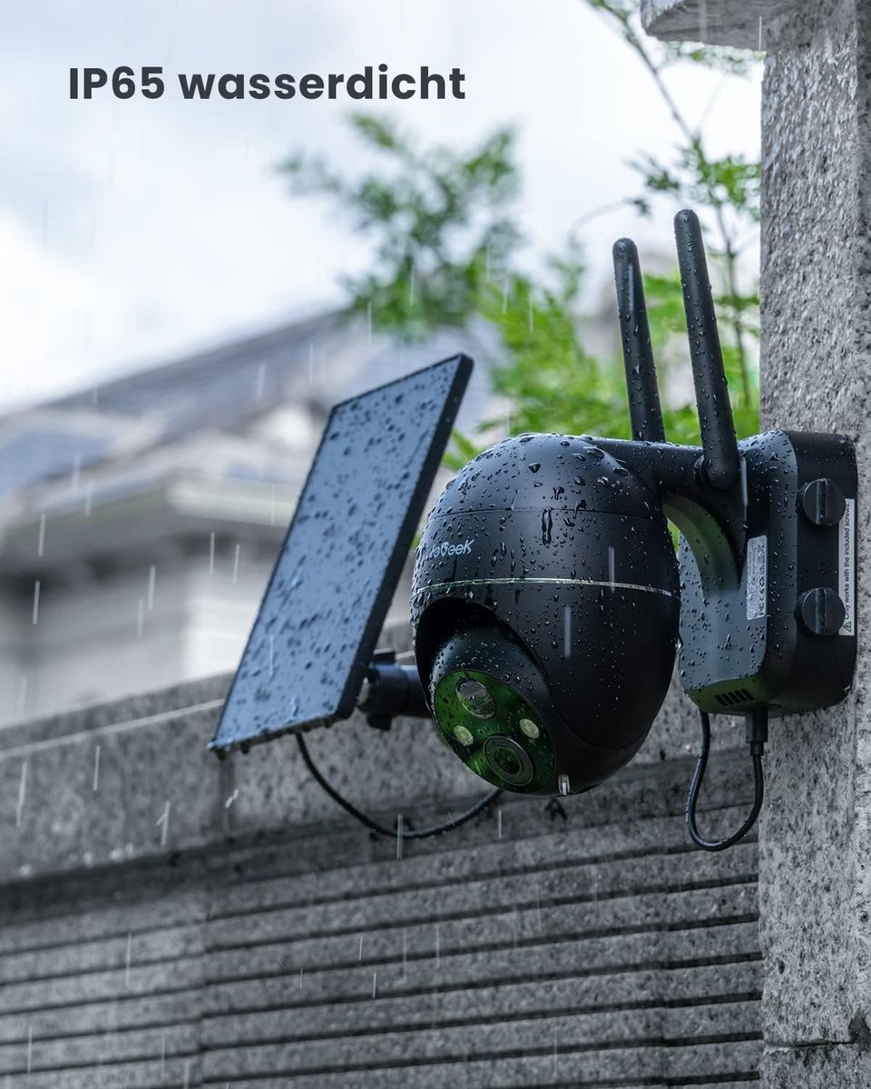 ieGeek 2K Solar Überwachungskamera Aussen Akku, 355°/140° Pan Tilt Kabellose Überwachungskamera mit Farbnachtsicht, PIR Bewegungsmelder, Sirene/Weißlichtalarm, 2-Wege-Audio, IP65, Cloud/SD Storage Kamera1 Schwarz