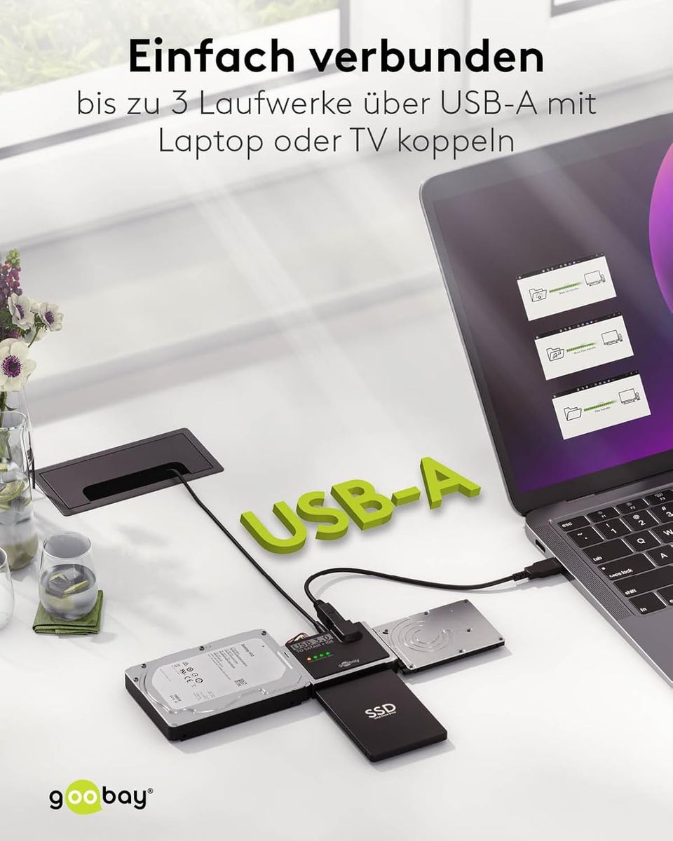 Goobay 72013 SATA & IDE Festplattenadapter USB 3.0, inkl. 12V/2A Netzteil, USB A-B Kabel & Molex, HDD/SSD, EU-Stecker (Typ C)