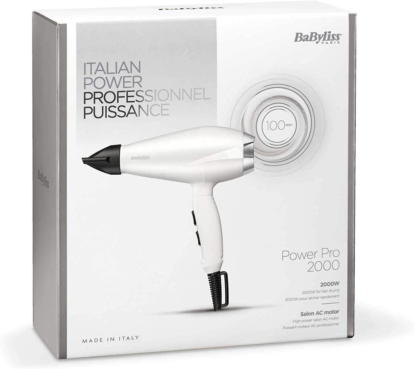 BaByliss 2000 Pro Speed professional hair dryer, matt white, AC motor, 2000W, 100 Km/H, extra long cable, Made in Italy, 6704WE